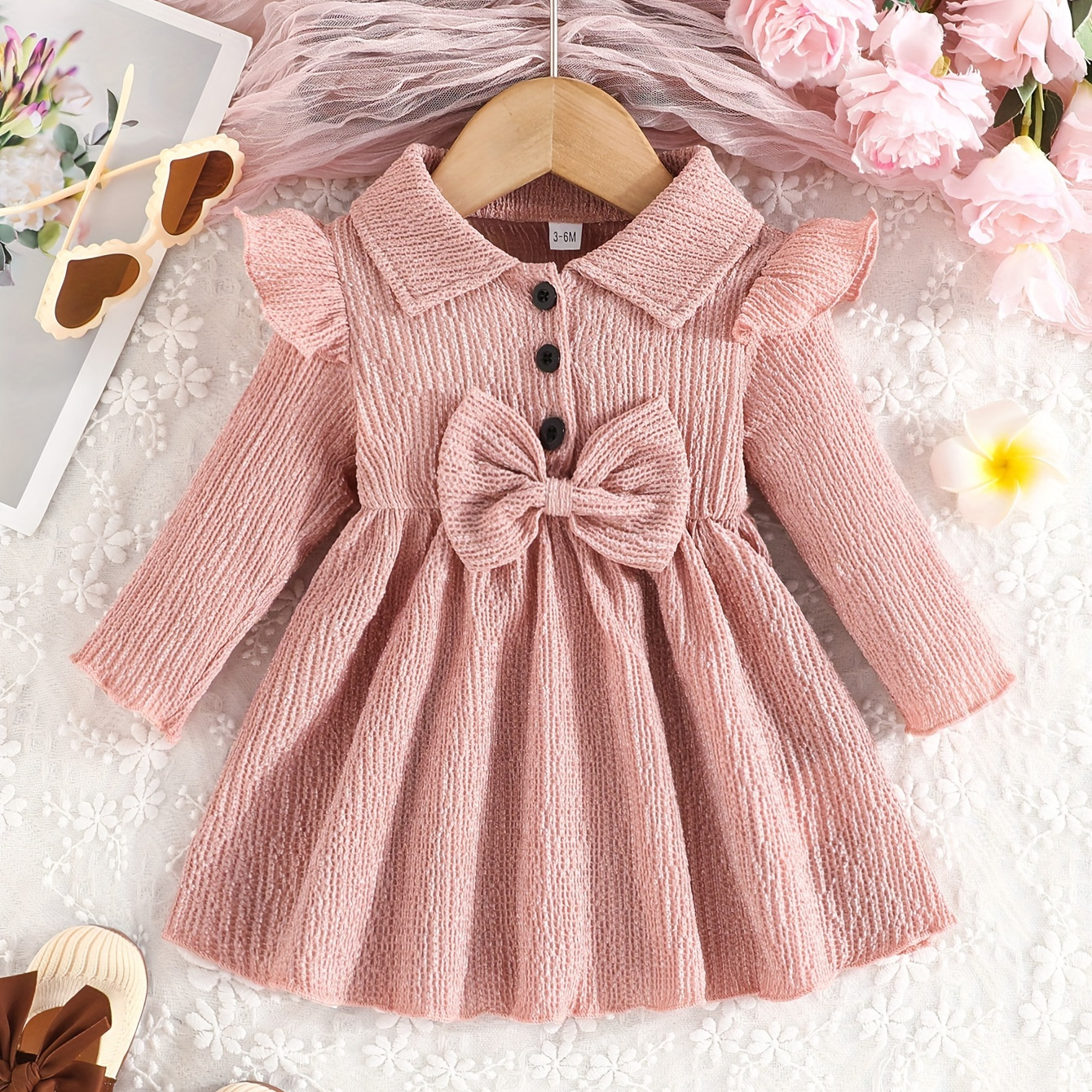 

Baby Girls Solid Color Bow Textured Spring Autumn Long Sleeve Casual Dress For Spring And Autumn