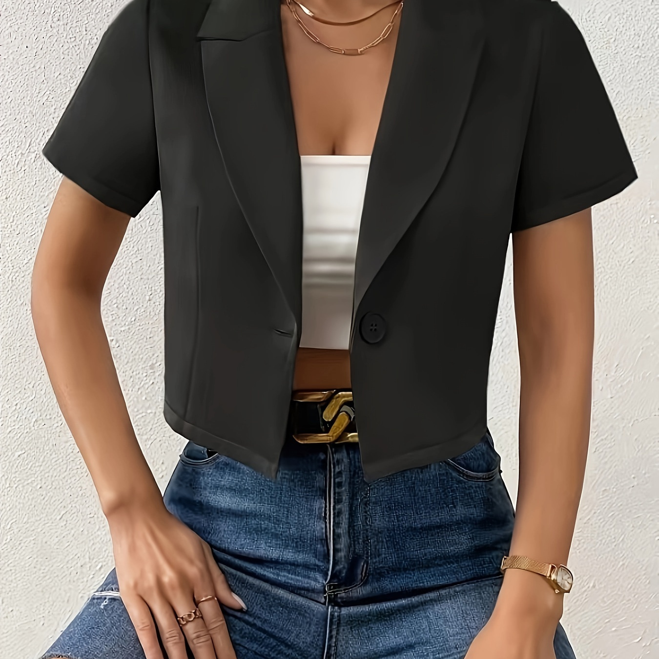 

Solid Color Button Crop Jacket, Chic Lapel Neck Short Sleeve Jacket For Spring & Summer, Women's Clothing