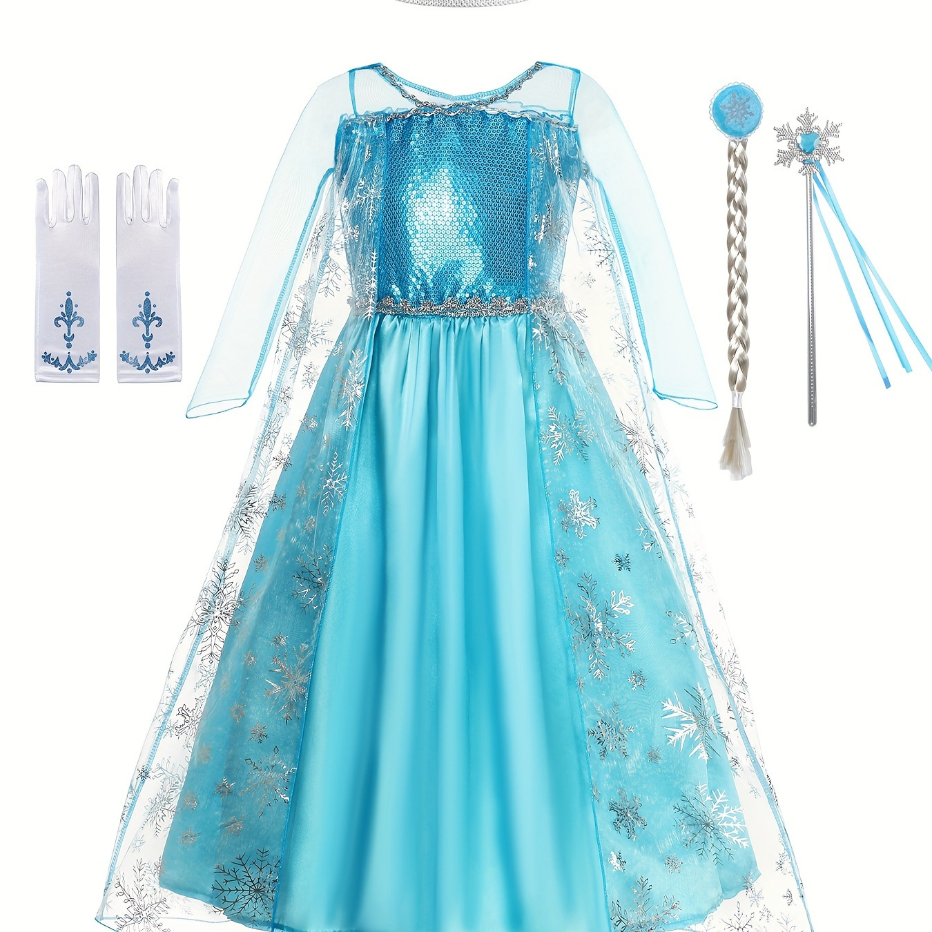 

Girls Snowflake Princess Dress Up Outfit, Allover Snowflakes Pattern Mesh Spliced Long Sleeve Sequin Decor Tutu Dress & Gloves & Accessories For Stage Performance & Party