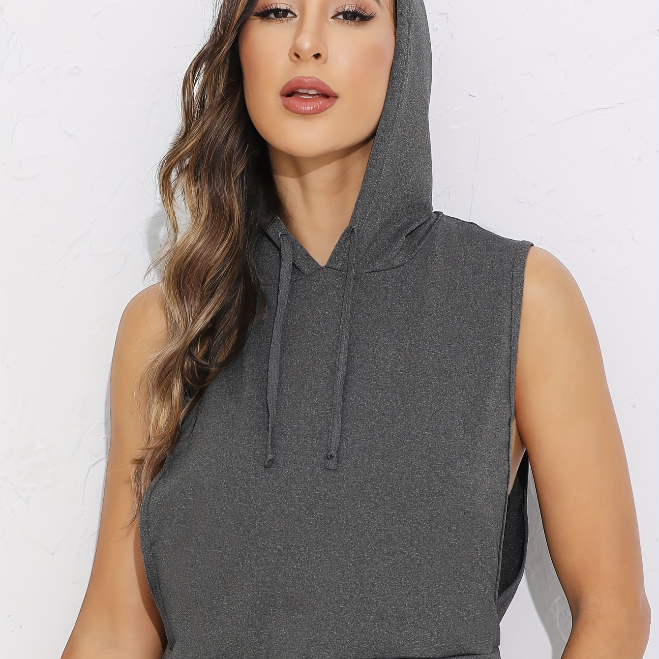 

Women's Hooded Top, Polyester Knit Pullover, Athletic Sleeveless Hoodie, Solid Color, Stretchy Fabric, Sportswear