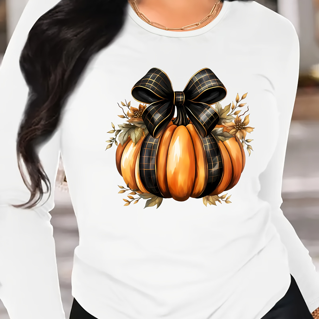 

Women's Long Sleeve T-shirt, Pumpkin With Black Bowknot, Casual Round Neck, Polyester, Stretch Knit Fabric, Cartoon Pattern, Sports & Outdoor Apparel