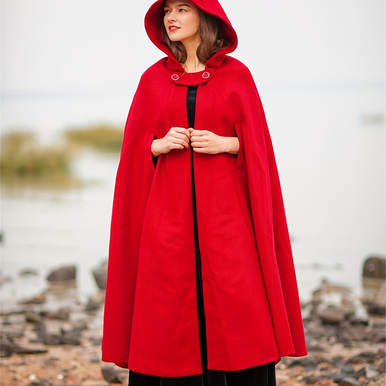 Plus Size Elegant Coat, Women's Plus Solid Long Sleeve Hoodie Button Detail Open Front Cape Clock Longline Coat