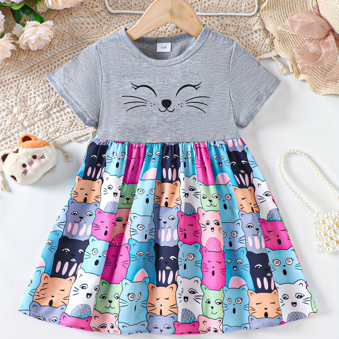 

Girl's Smiling Kitten Print A-line Dress, Casual Short Sleeve Swing Dress, Summer Gift
