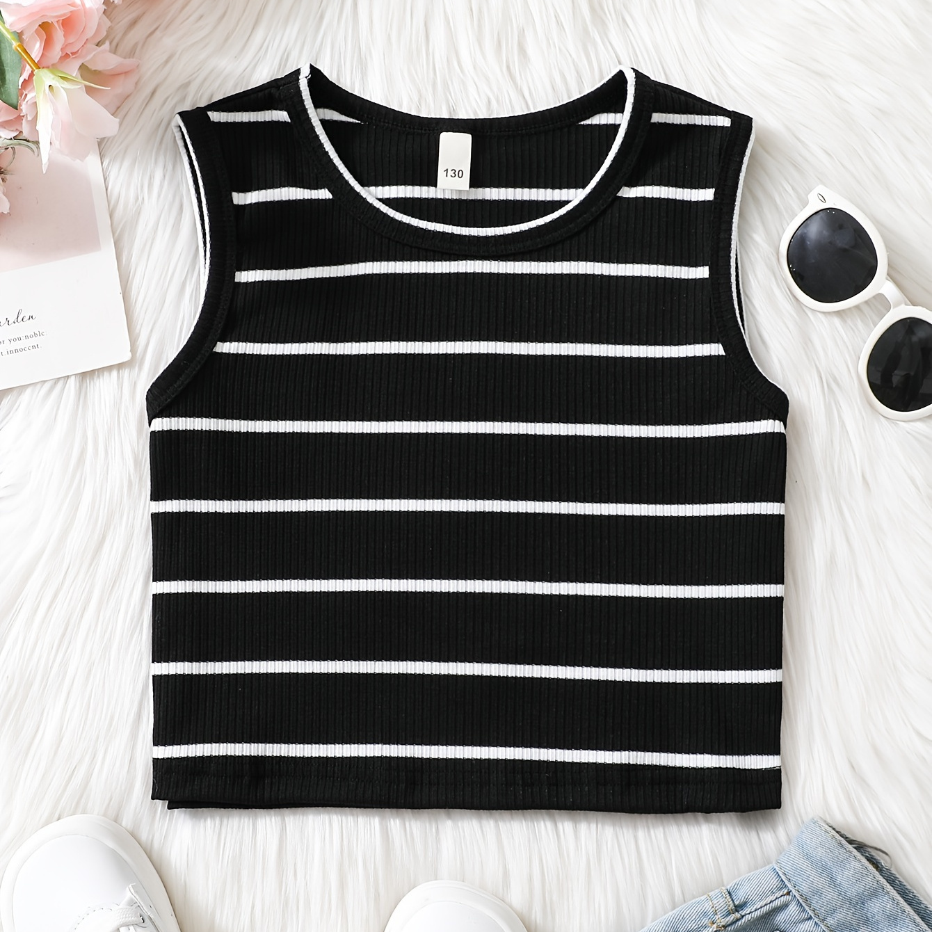 

Girls Casual Stripped Crew Neck Sleeveless T-shirt Top For Summer Outdoor Gift