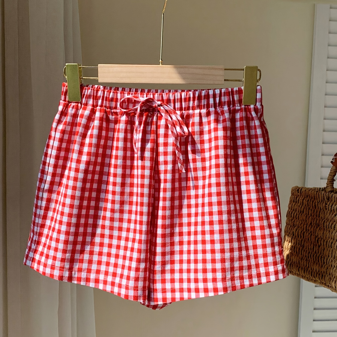 

Gingham Drawstring Shorts, Casual Elastic Waist Shorts For Summer & Spring, Women's Clothing