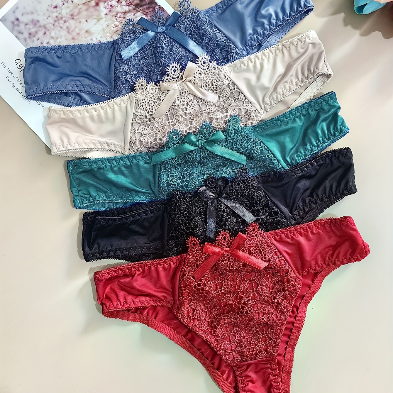 

Lot de 5 culottes en dentelle florale avec nœud, confortables et extensibles, lingerie féminine et sous-vêtements