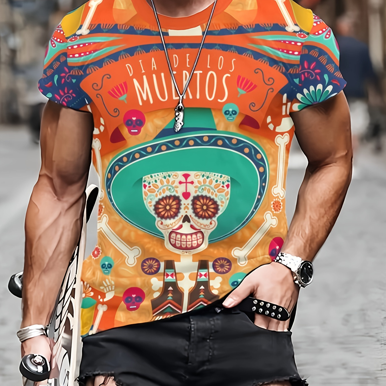 

Mexico Style Cartoon Pattern Men's Creative Short Sleeve Crew Neck T-shirt, Summer Outdoor Holiday