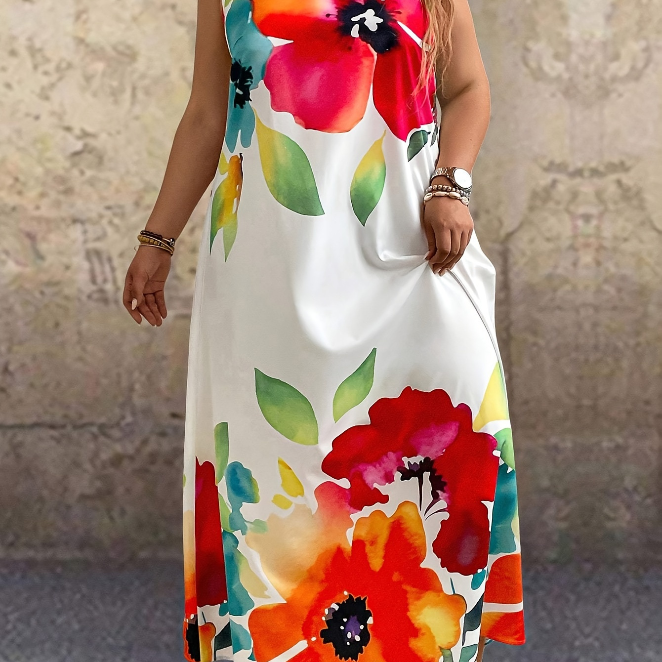 

Plus Size Floral Print Tank Dress, Casual Sleeveless Loose Dress For Spring & Summer, Women's Plus Size Clothing