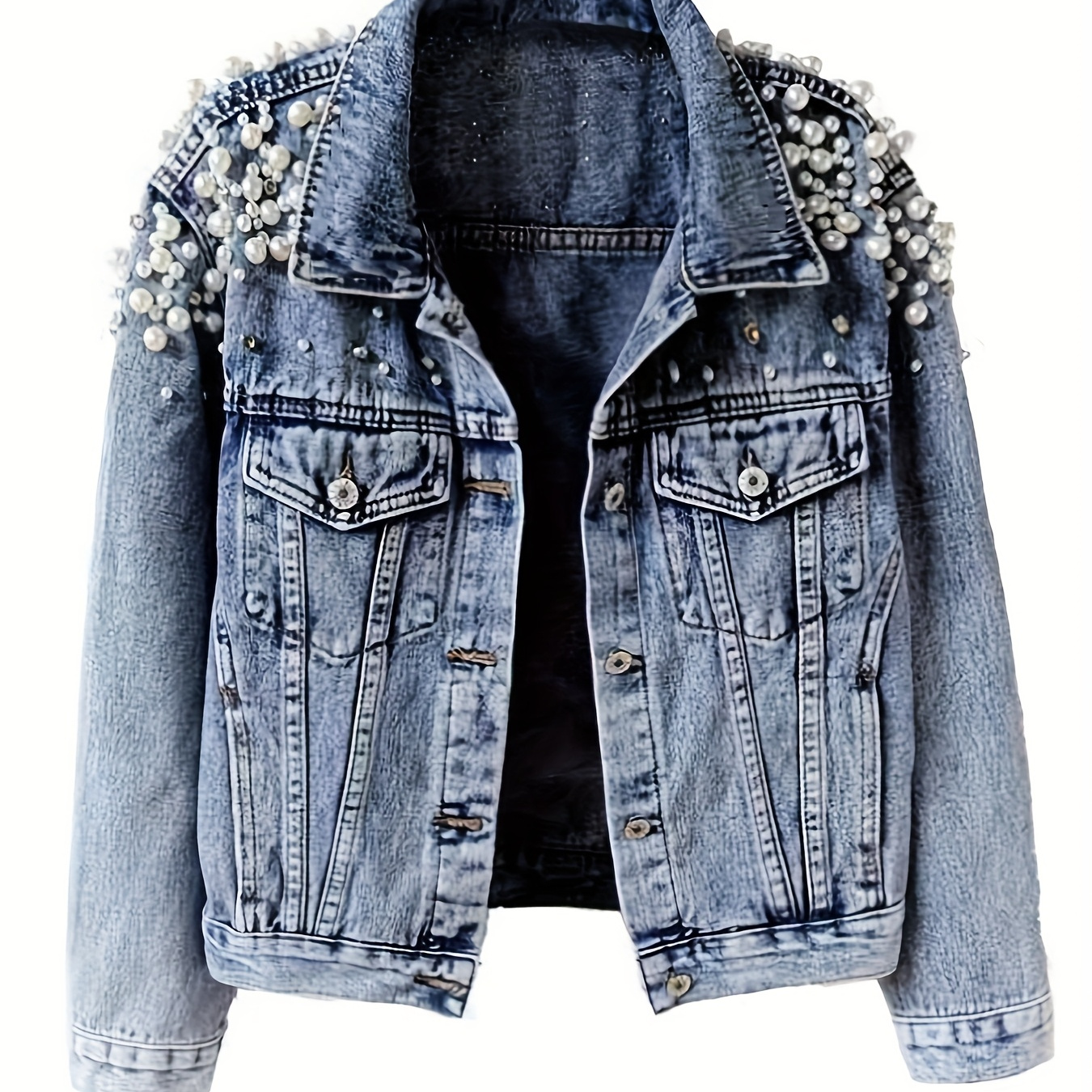 

A Vintage-style Women's Denim Jacket With Large Pearls, Spring And Autumn , Combining Style And .