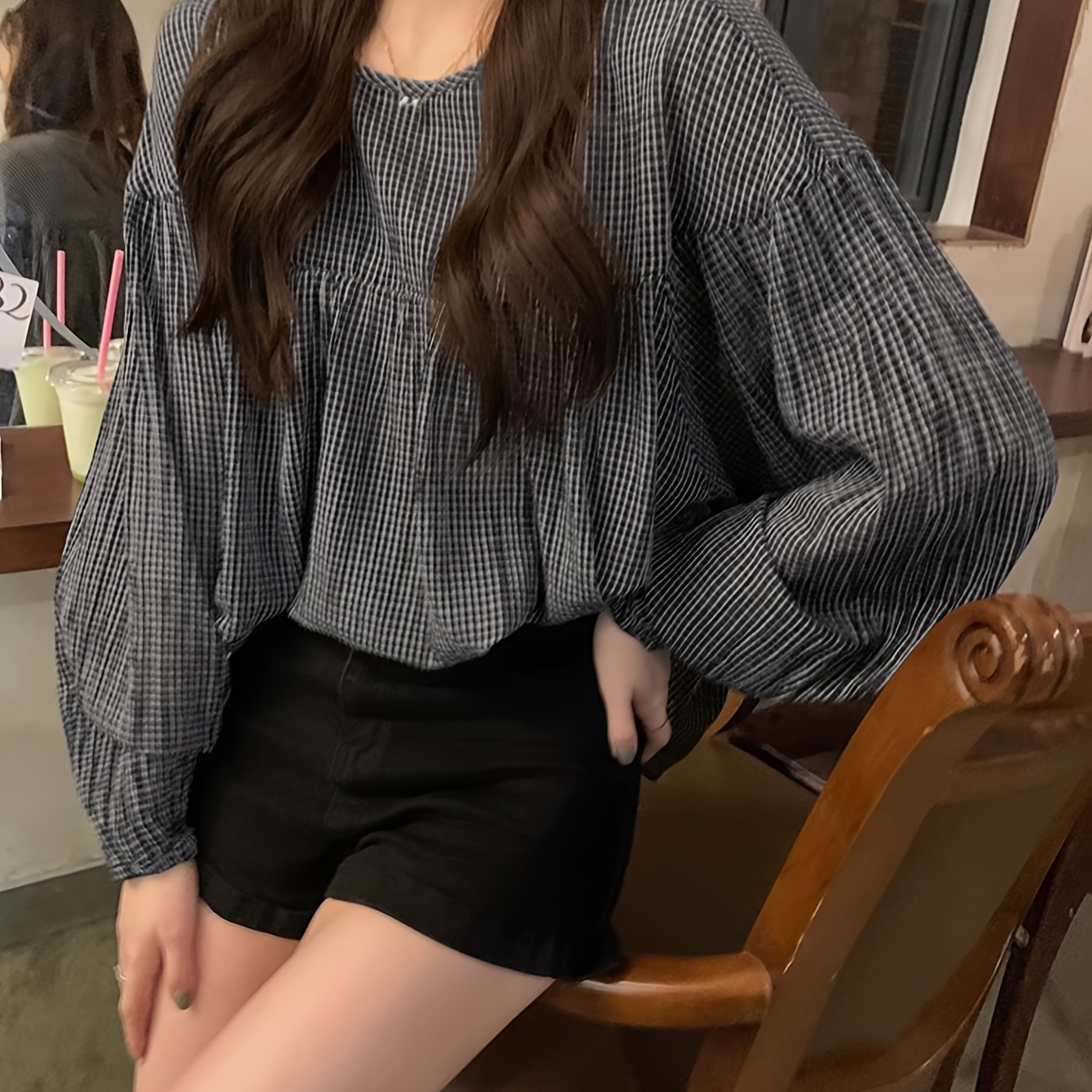 

Plaid Print Crew Neck Blouse, Vintage Lantern Sleeve Blouse For Spring & Fall, Women's Clothing