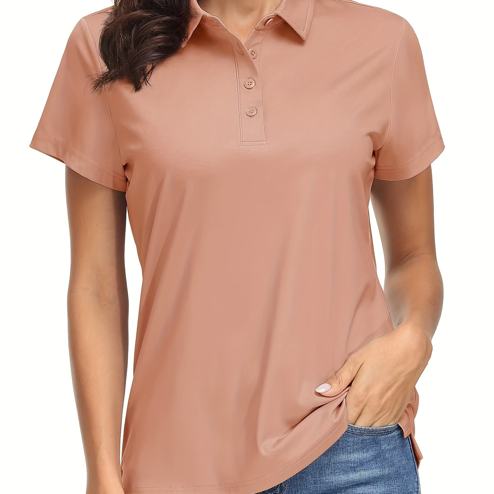 

Solid Color Button Collared T-shirt, Casual Short Sleeve Quick Dry Sporty T-shirt, Women's Clothing