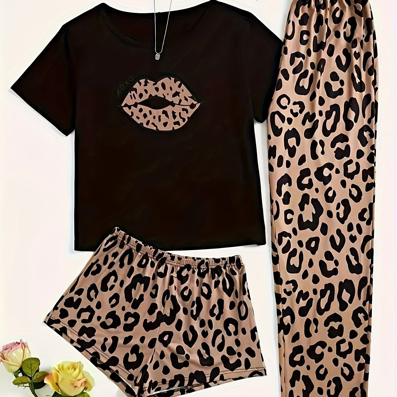 

Women's Leopard Lip Pajama Set, Short Sleeve Round Neck Top & Shorts & Pants, Comfortable Relaxed Fit