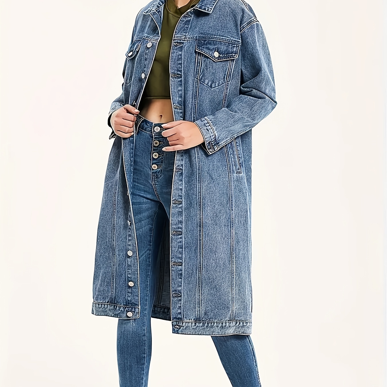 

Women's Cotton Maxi Long Denim Jacket Casual Long Sleeve Jean Jacket Coat