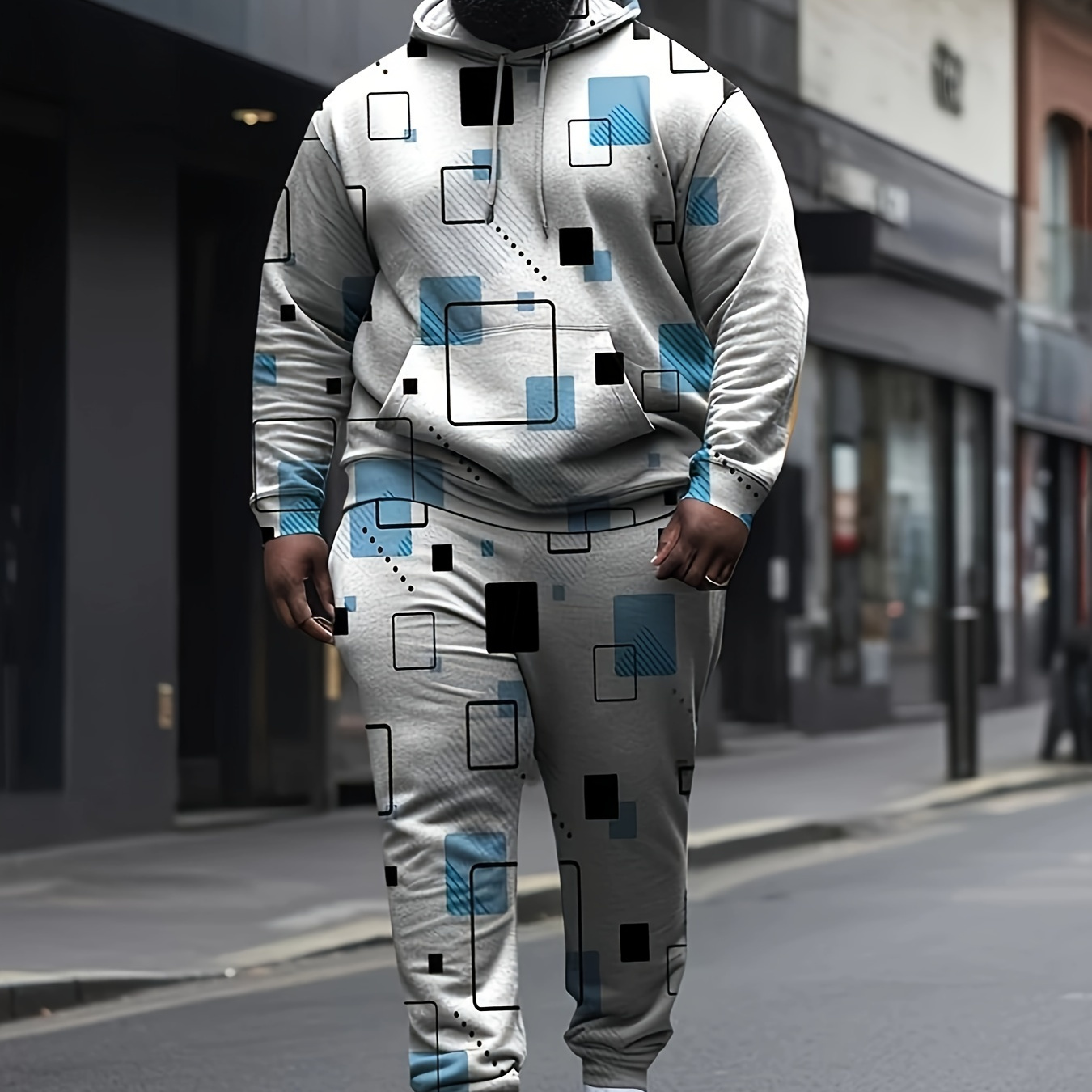 

2pcs Men's Plus Size Casual Tracksuit, Square Pattern Hoodie & Pants Set