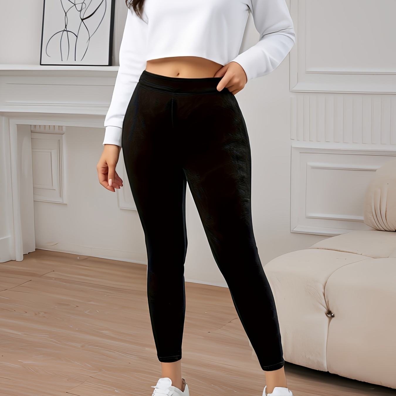 

Leggings skinny en velours uni grande taille, leggings extensibles décontractés pour tous , vêtements grande taille pour femmes