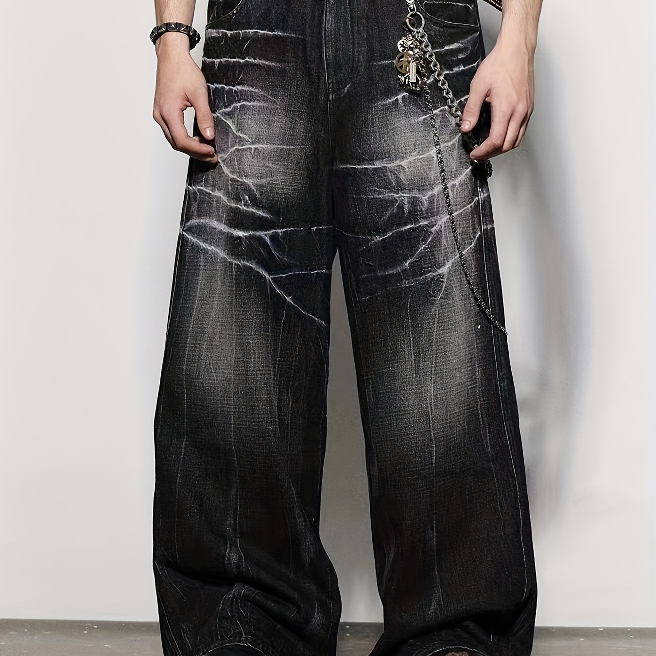 

Men's Stylish Wide Leg Distressed Denim Jeans, Hip-hop Loose Fit Jeans, Street Style Fashion