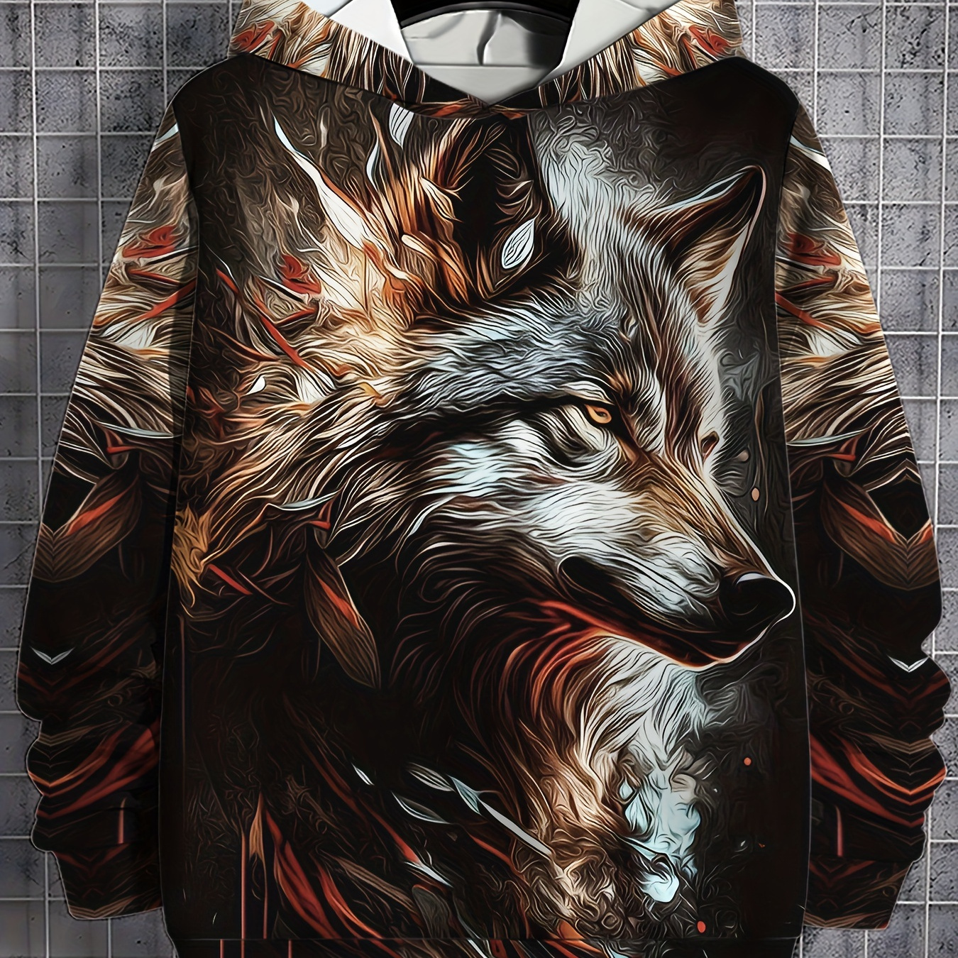 

Wolf Graphic , Long Hooded Sweatshirt For