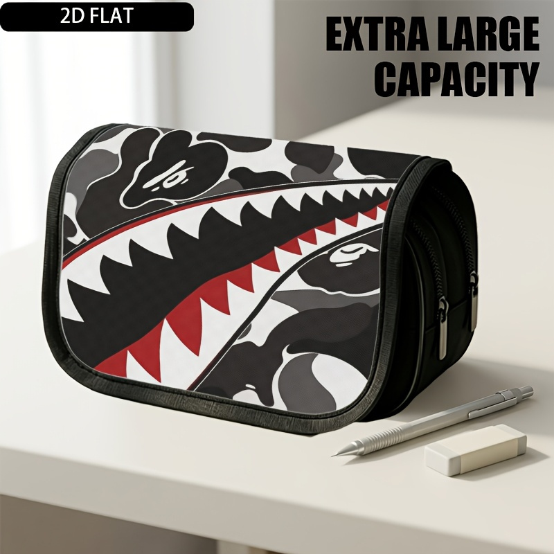 TEMU 1pc Double Layer Flip Pencil Case, Black White Teeth Pattern, Large Capacity, Portable Polyester Pen Storage Bag With Zipper Closure, Ideal For