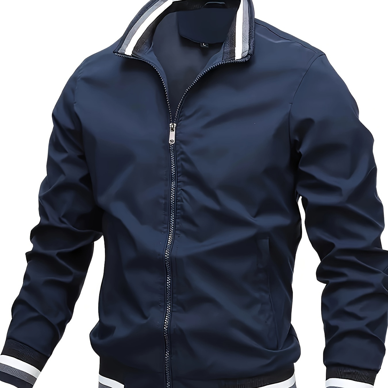 

Men's Solid Lapel Jacket, Casual Windproof Zip Up Loose Jacket For Outdoor