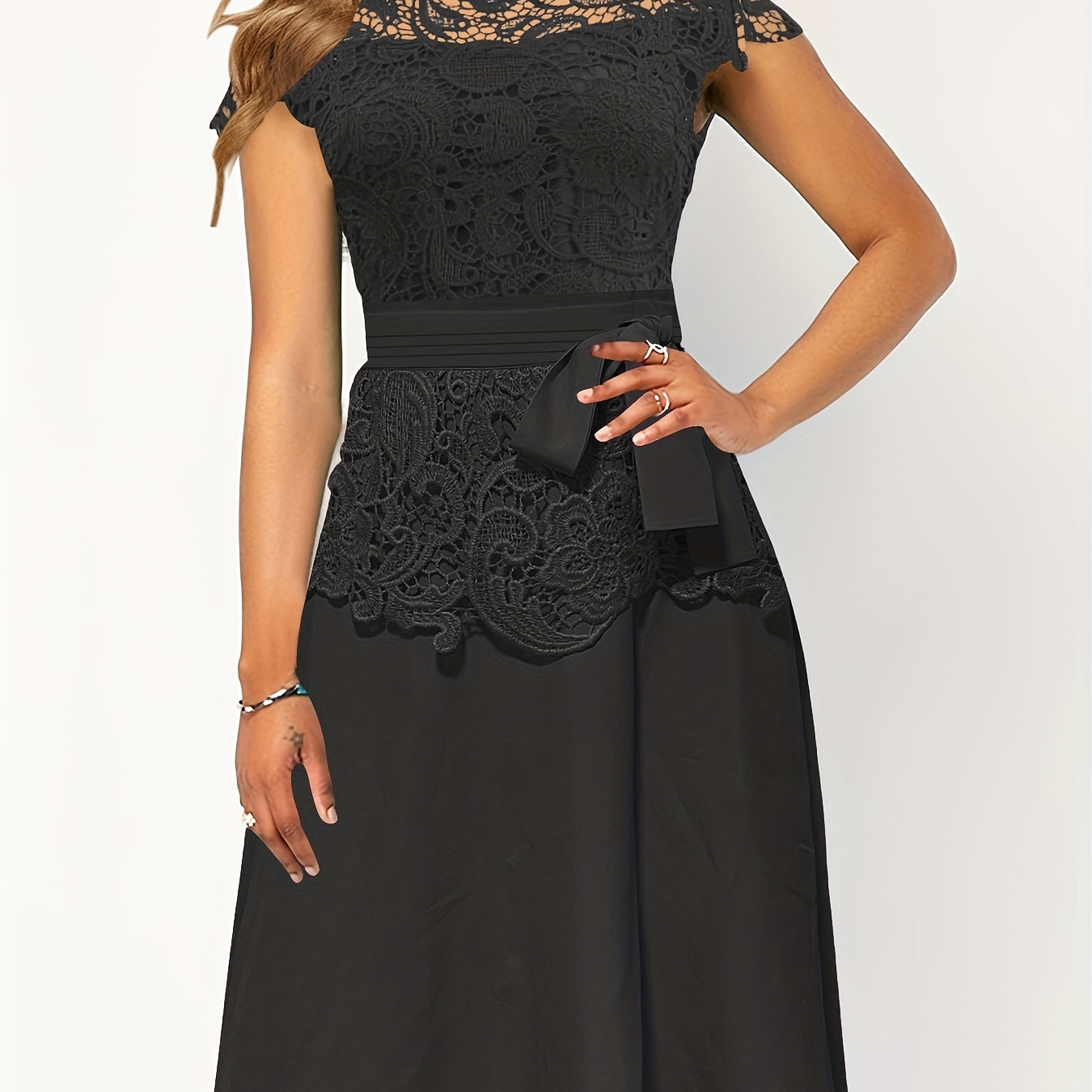 

Elegant Lace Contrast Dresses, Cap Sleeve Crew Neck A Line Dresses With Belted, Women's Clothing
