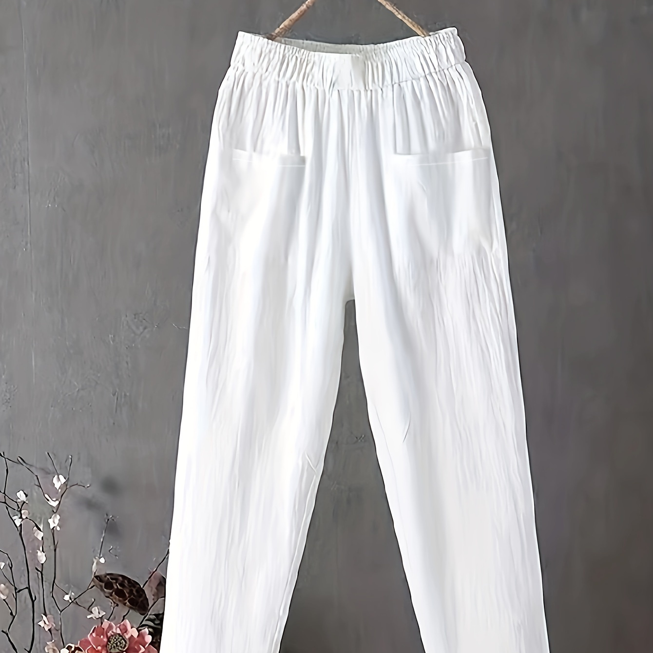 

Plus Size Casual Pants, Women's Plus Solid Elastic Slight Stretch Straight Leg Trousers With Pockets