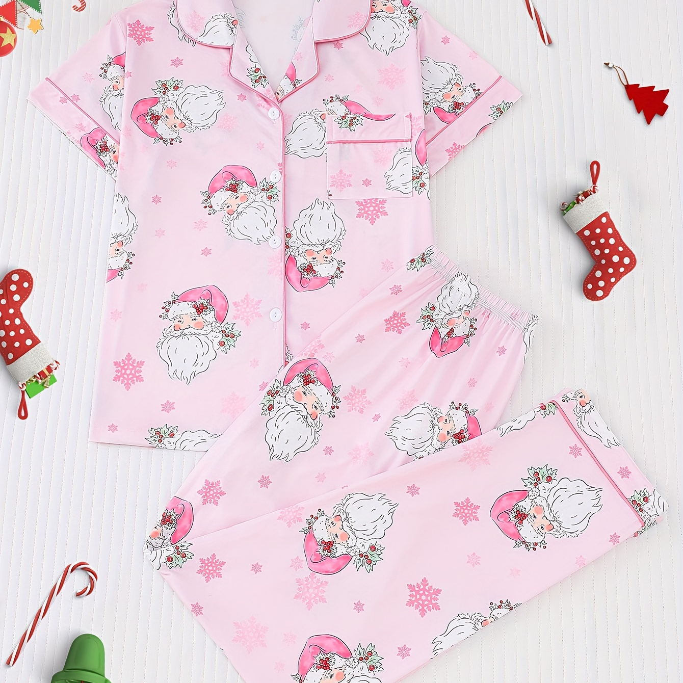 

2pcs Christmas Santa Claus And Snowflake Print Women's Pajama Set, Short-sleeved Shirt With Collar And Buttons And Loose Pants, Casual Outdoor Girl's Pajamas And Home Clothes