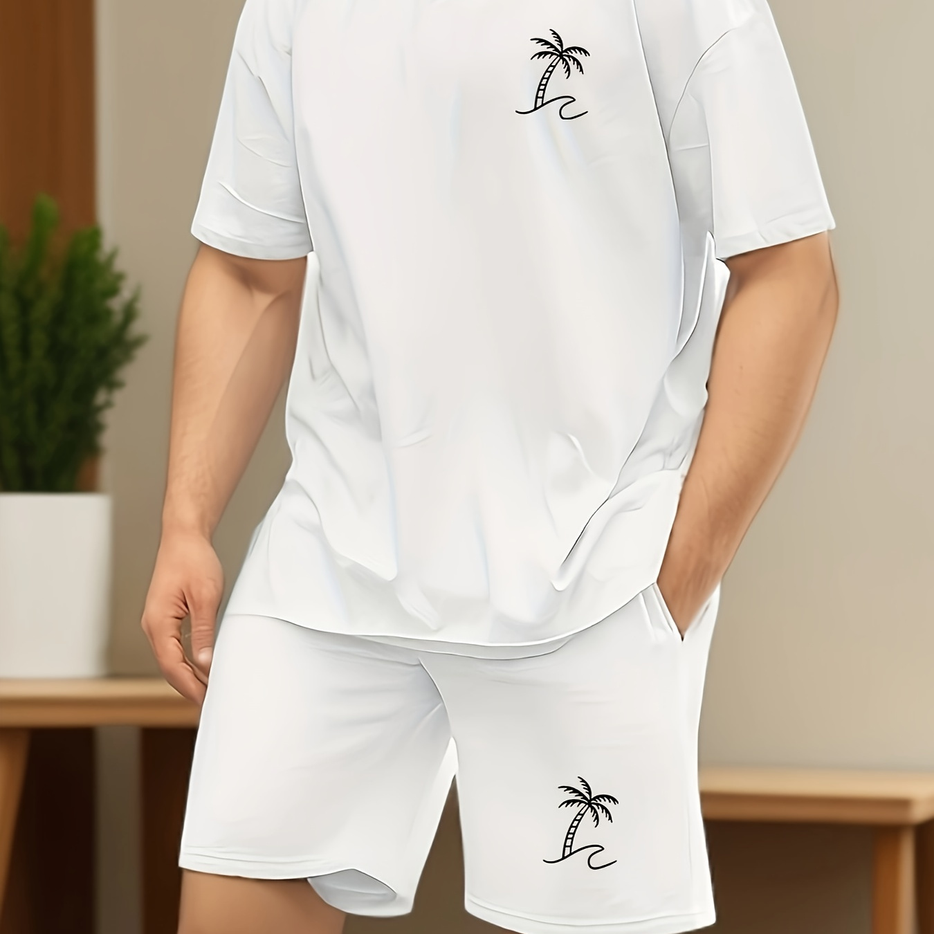 

2 Pcs Men's Minimalist Design Coconut Tree Drawing Print Short Sleeve T-shirts & Elastic Waist Shorts Pajama Set, Comfortable & Skin-friendly Style Pajamas For Men's Cozy Loungewear