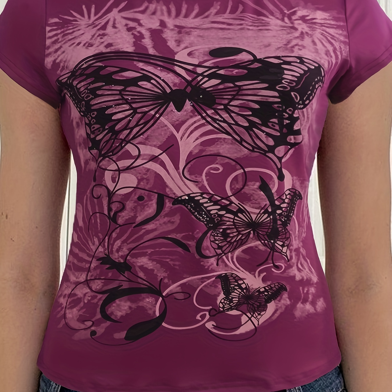 

Butterfly Print Crew Neck T-shirt, Y2k Cap Sleeve T-shirt For Spring & Summer, Women's Clothing