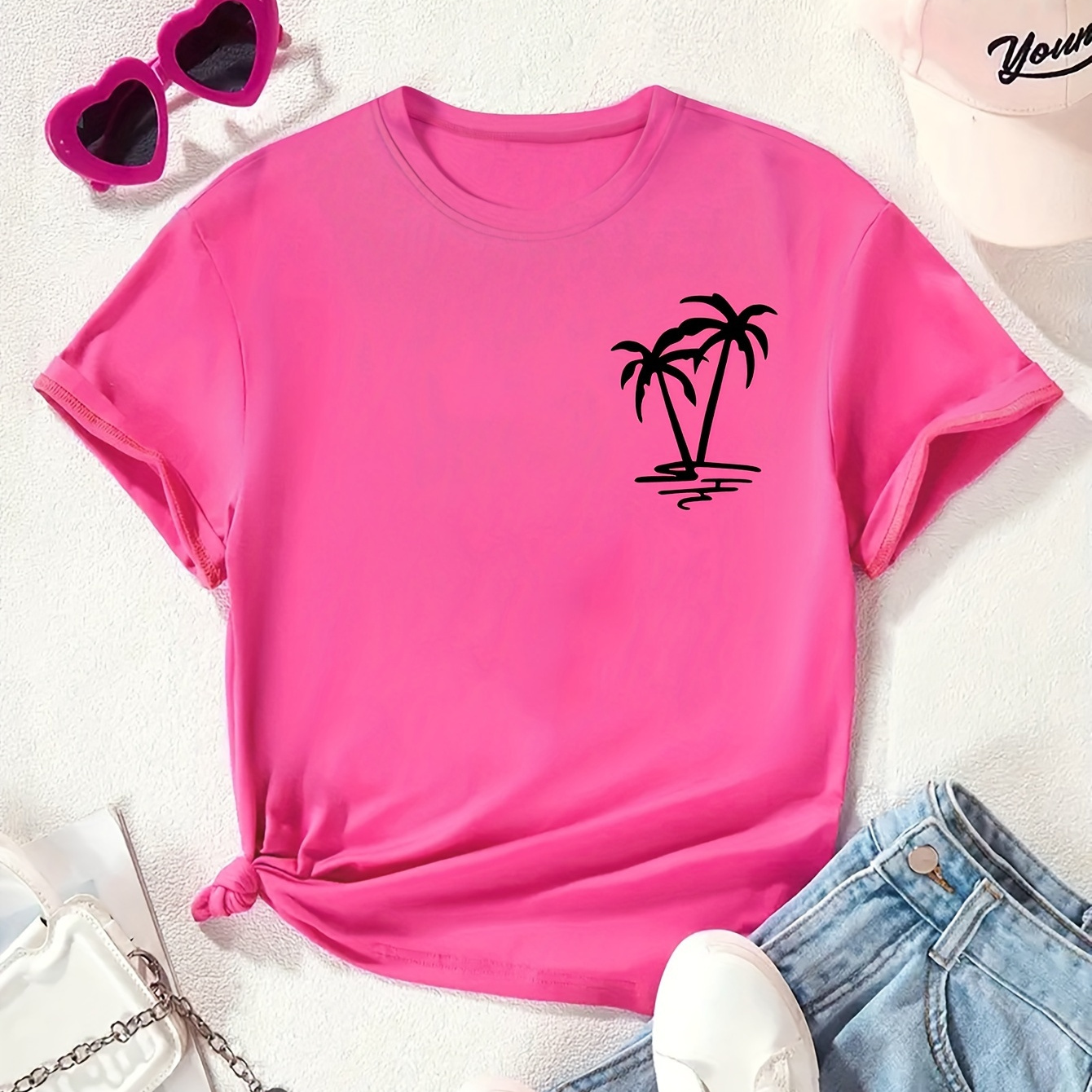 

Palm Trees Graphic Print, Tween Girls' Casual & Comfy Crew Neck Short Sleeve Tee For Spring & Summer, Tween Girls' Clothes For Outdoor Activities