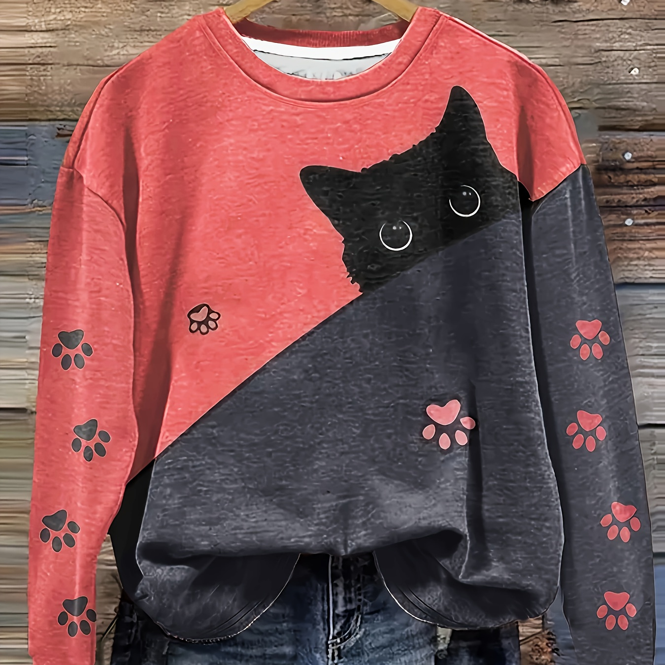 

Plus Size Cat Print Long Sleeve T-shirt For Women, Casual Crew Neck, Polyester Knit Top With Slight Stretch, Animal Pattern, For Spring/fall