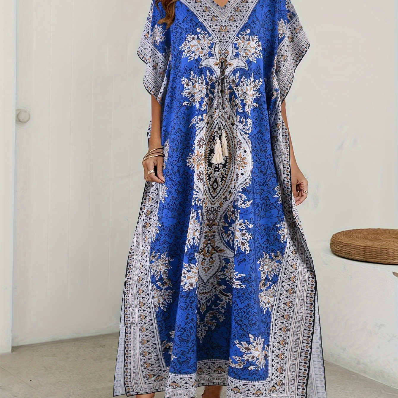 

Ramadan Ethnic Print V-neck Kaftan Dress, Vintage Batwing Sleeve Split Maxi Length Dress, Women's Clothing