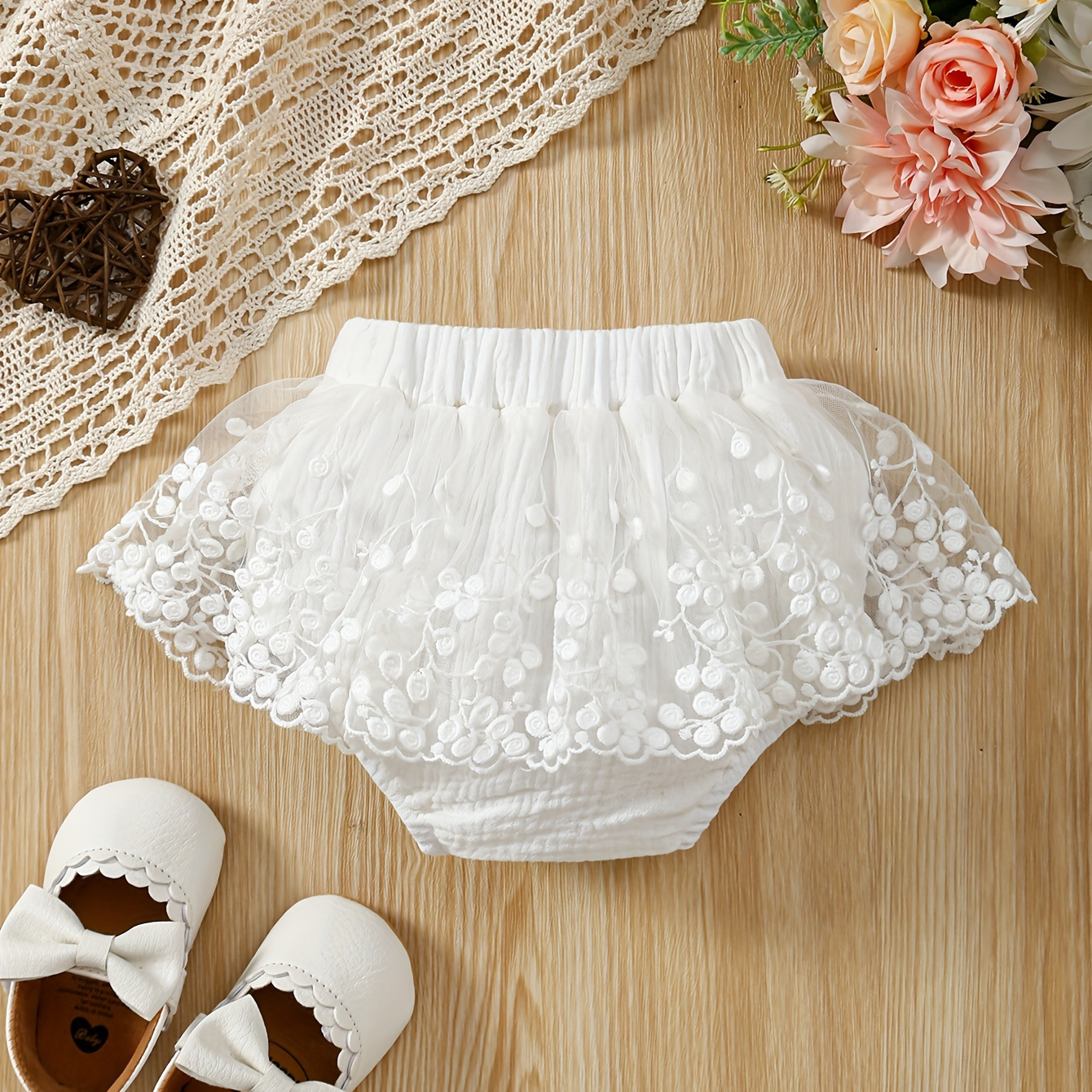 

Baby's Lovely Flower Embroidered Mesh Splicing Shorts, Comfy Muslin Elastic Waist Skort, Infant & Toddler Girl's Bottoms For Summer