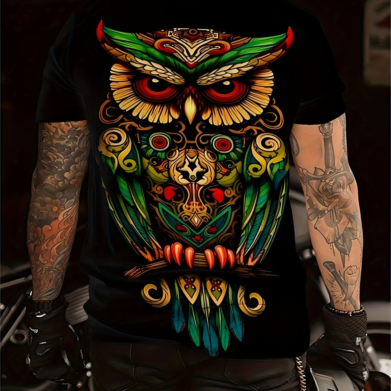 

Men's Owl Graphic Print T-shirt, Casual Short Sleeve Crew Neck Tee, Men's Clothing For Summer Outdoor
