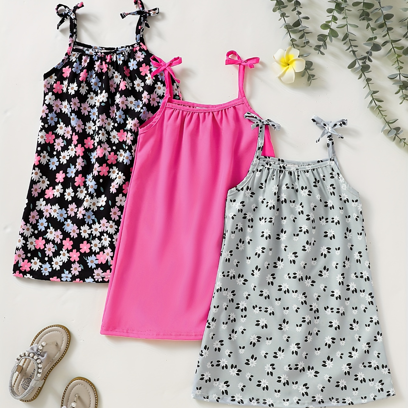 

Girls 3pcs/set Comfy & Stylish Allover Flowers/solid Colored Cami Tops For Spring & Summer