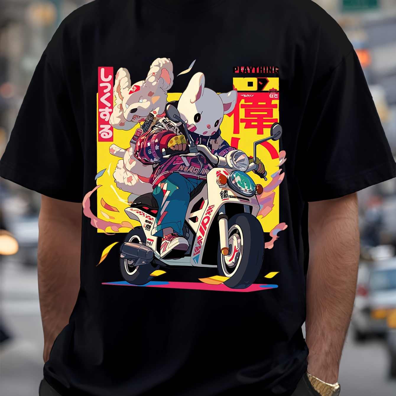 

Creative Bear Rides A Scooter Graphic Print, Men's Round Neck Short Sleeve T-shirt, Fashion Comfy Lightweight Top For Summer
