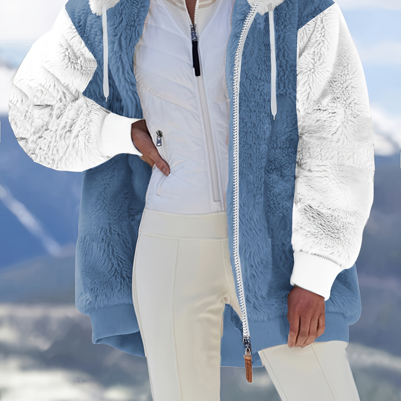 

Plus Size Casual Winter Coat, Women's Plus Colorblock Teddy Fleece Zipper Long Sleeve Hooded Drawstring Tunic Coat With Pockets