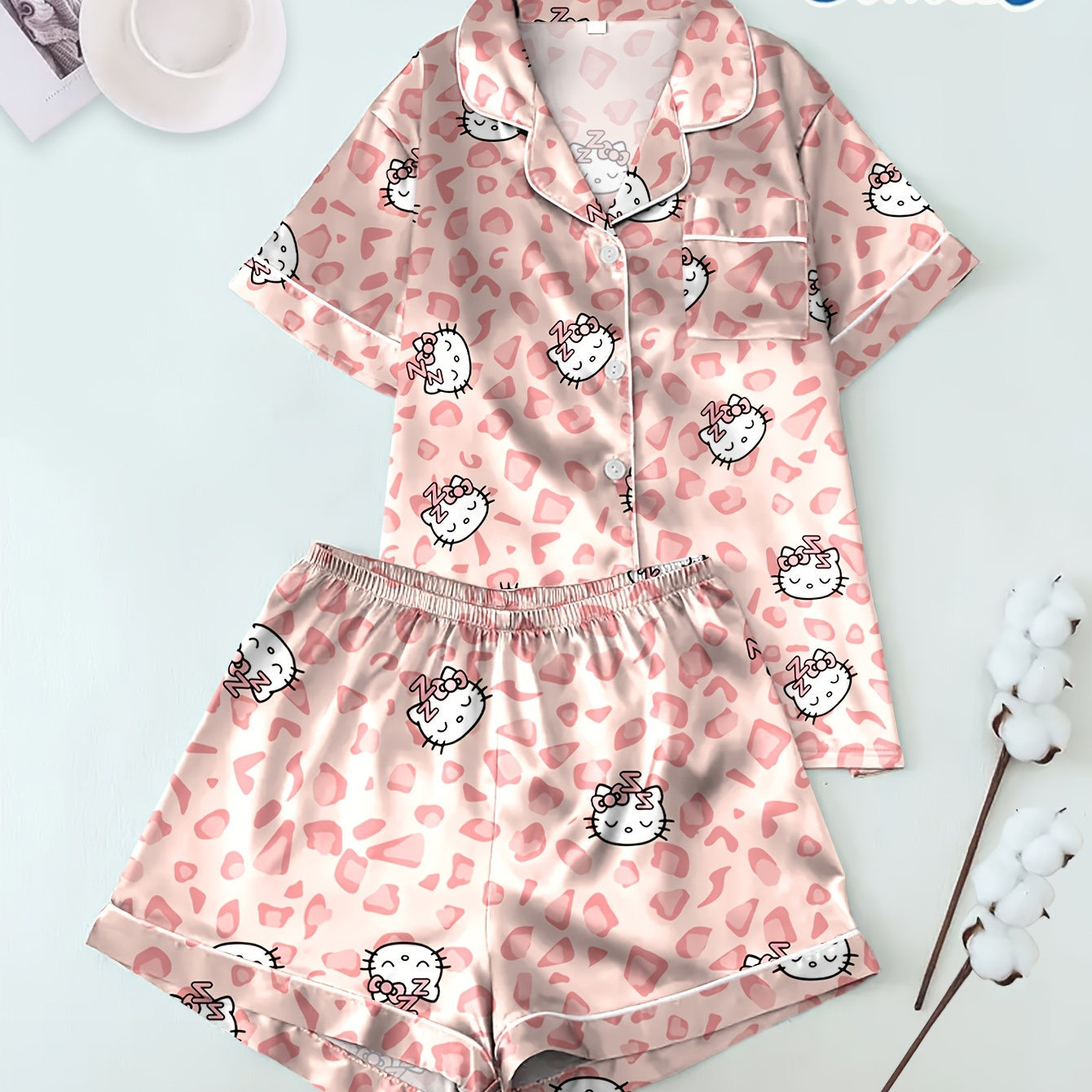 

Sanrio Hello Kitty Satin Pajama Set, Polyester 97% Elastane 3%, Short Sleeve Open Front Lapel Collar, Basics, Woven 90g/m² Fabric, Patterned Sleepwear For Adults