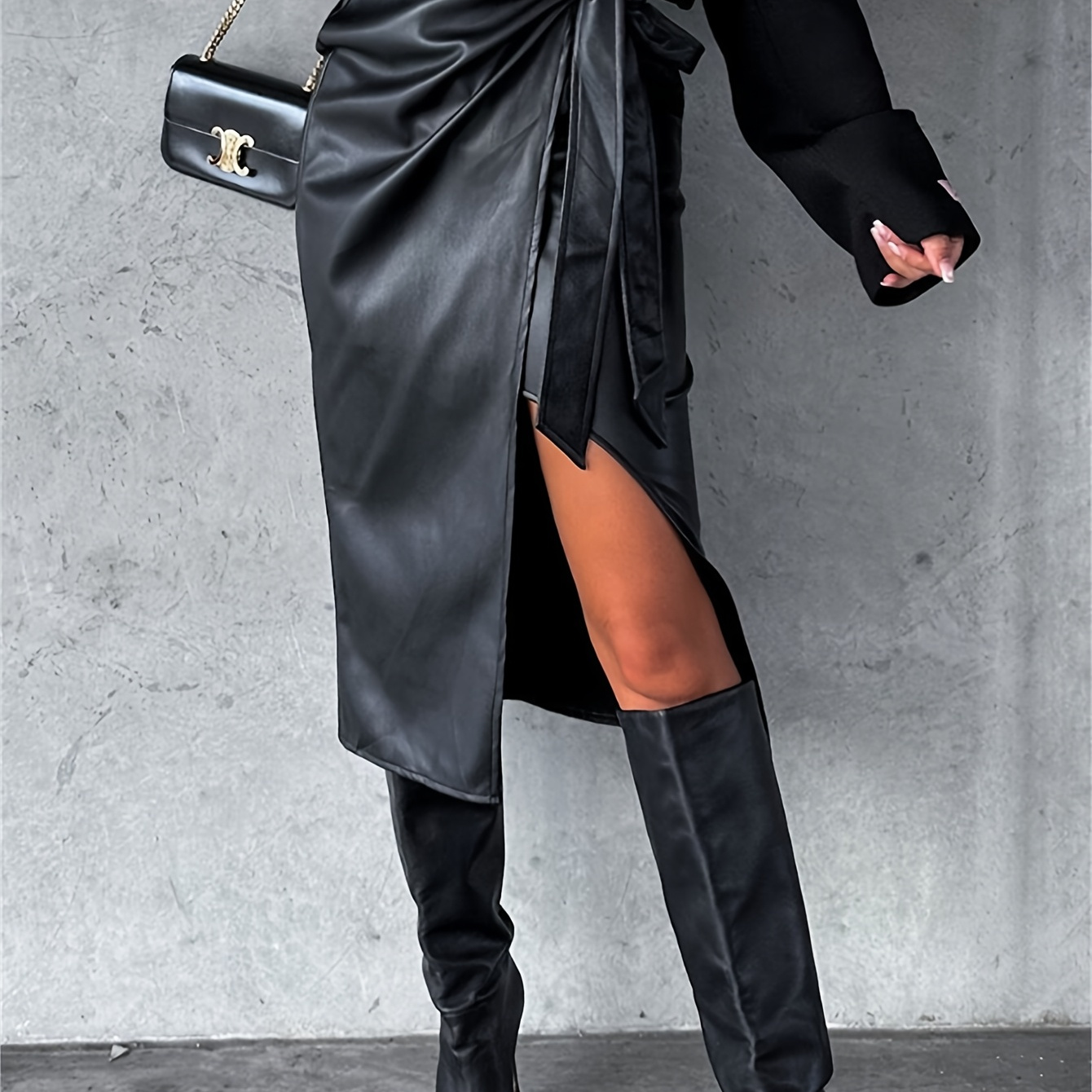 

Women's Leather Belt With A Side High Slit Midi Skirt, Sexy Stretchy Fitted Pu Party Skirt With A High Waist And Straight .