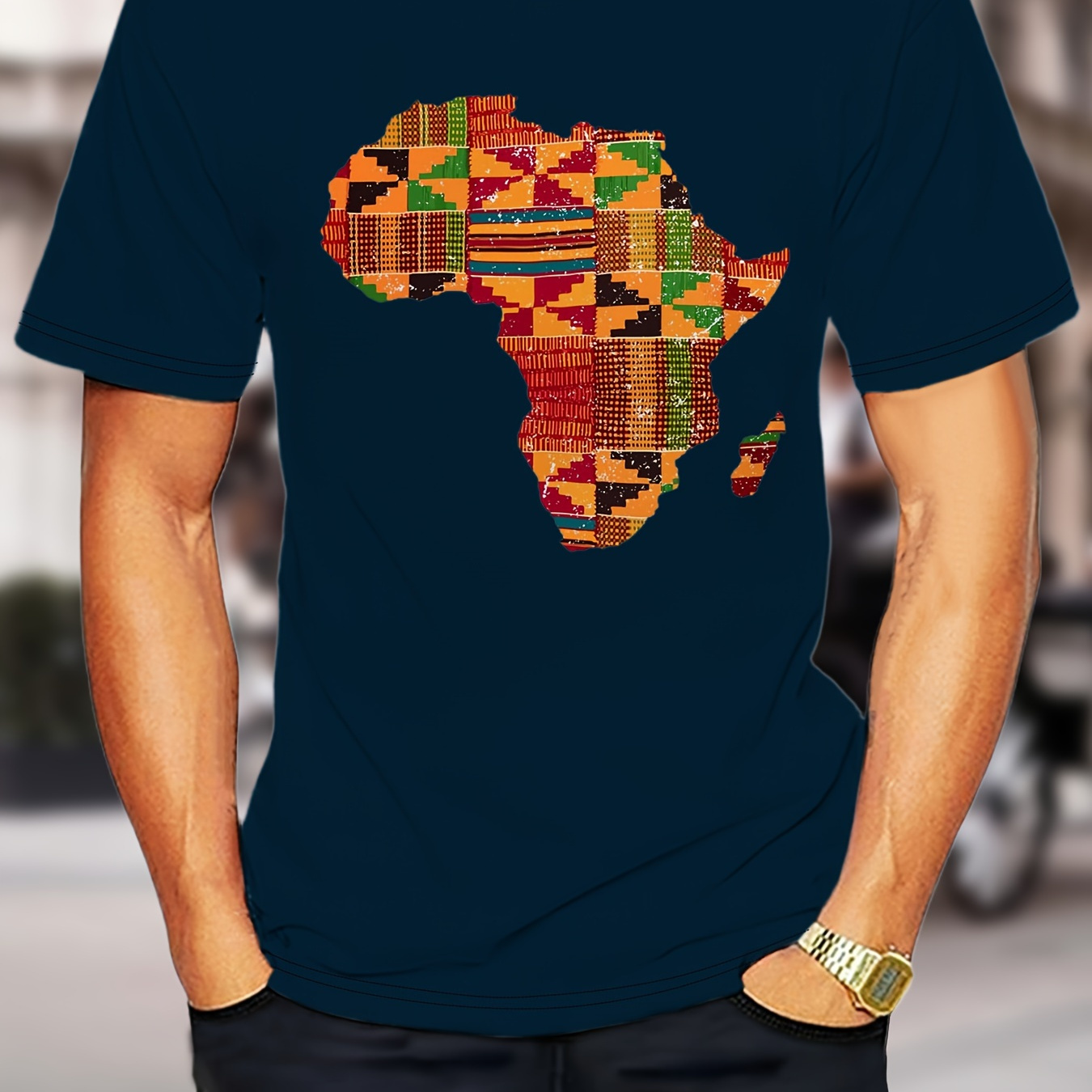 

Men's African Map And Ethnic Style Geometric Graphic Pattern Print Crew Neck And Short Sleeve T-shirt For Summer Outdoors Wear, Stylish And Chic Tops For Men