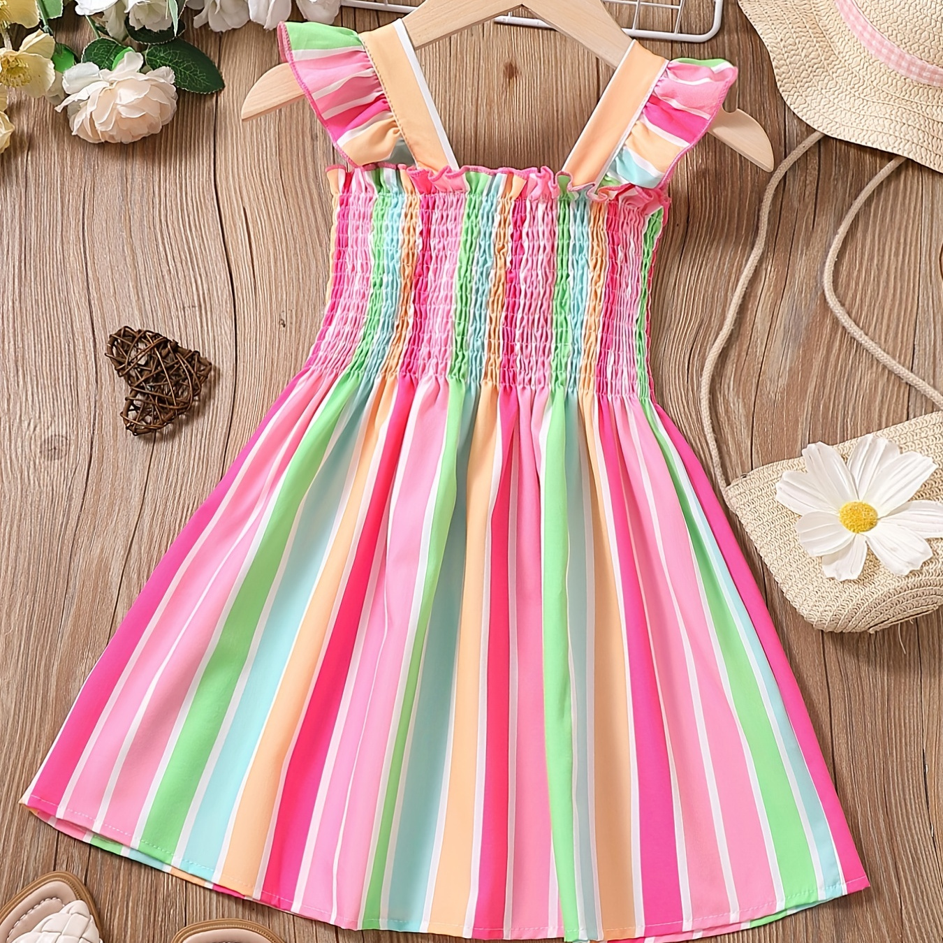 

Girls Color Block Striped Sleeveless Ruffles Ruched Dress Kids Summer Clothes