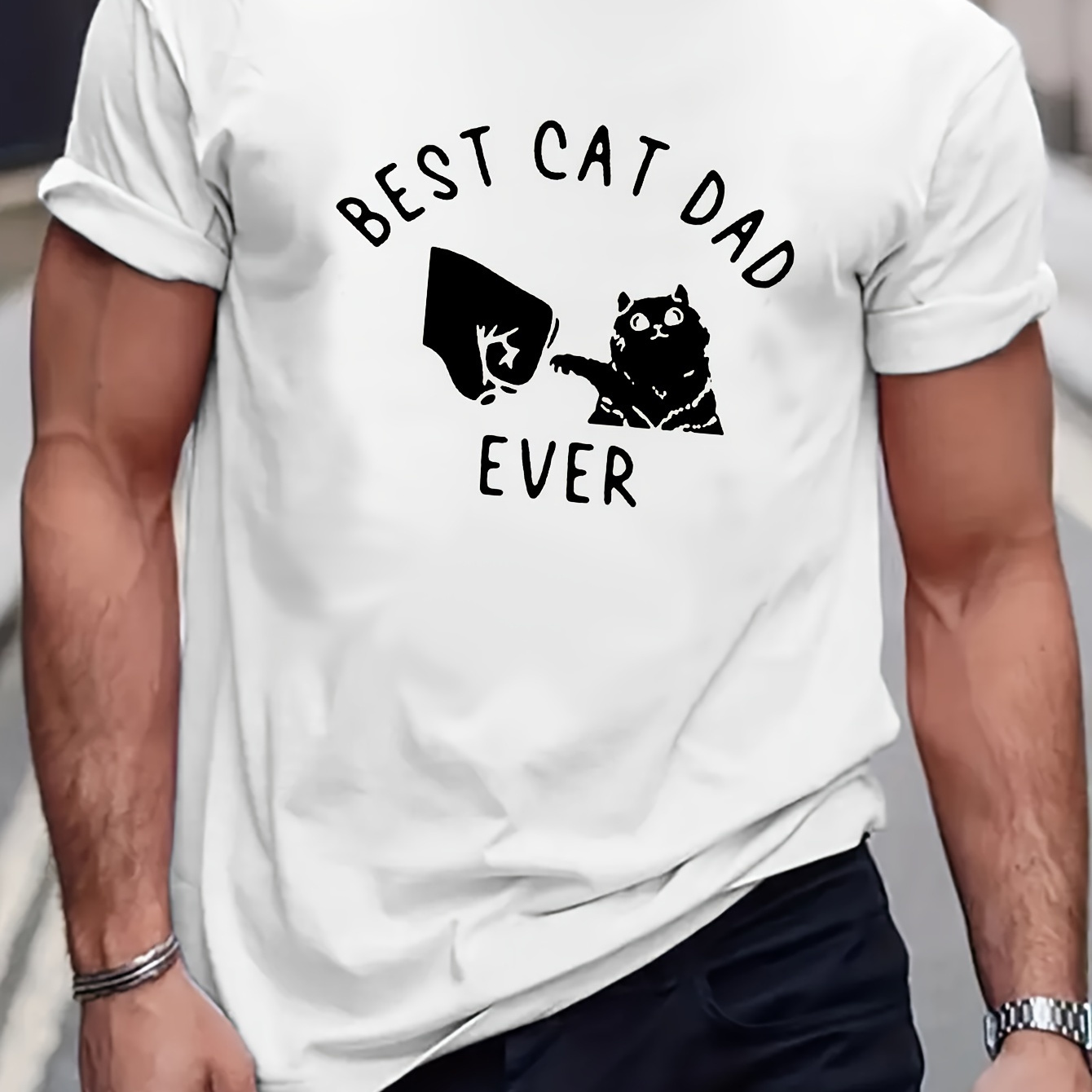 

Best Cat Dad Ever Print Men's Trendy Short Sleeve T-shirts, Comfy Casual Breathable Tops For Men's Fitness Training, Jogging, Outdoor Activities