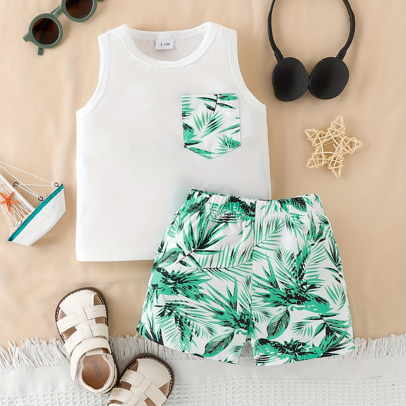 

2pcs Infant & Toddler's Tropical Leaves Print Summer Set, Sleeveless Tank Top & Casual Shorts, Baby Boy's Clothes