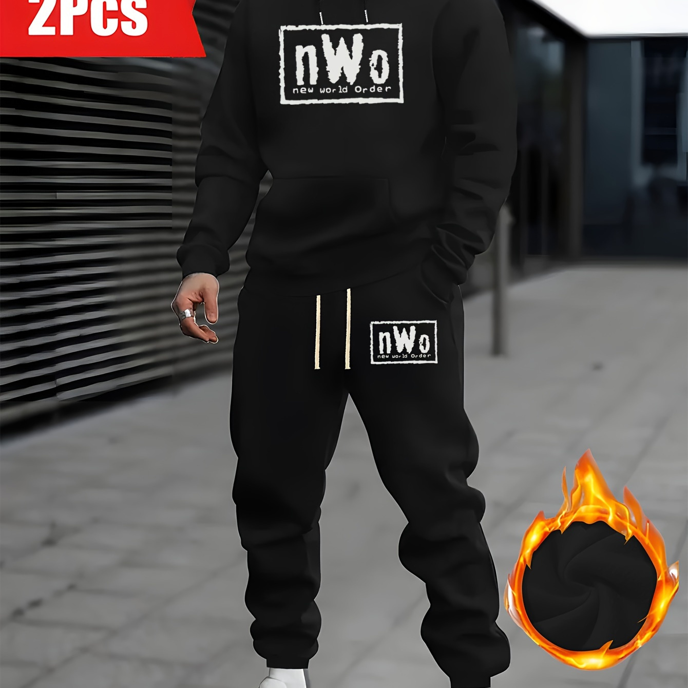 

Men's 2pcs Nwo Graphic Hooded Sweatshirt & Drawstring Pocket Pants Set, Polyester Sports Suit With Slight Stretch, Loose Fit Knit Fabric, All-season Hoodie And Joggers With Pockets