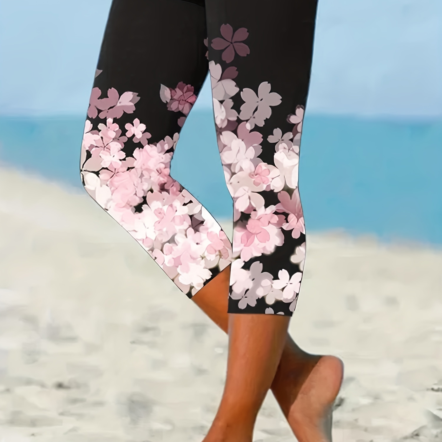 Floral Print Capri Leggings, Casual Slim High Waist Leggings, Women's Clothing