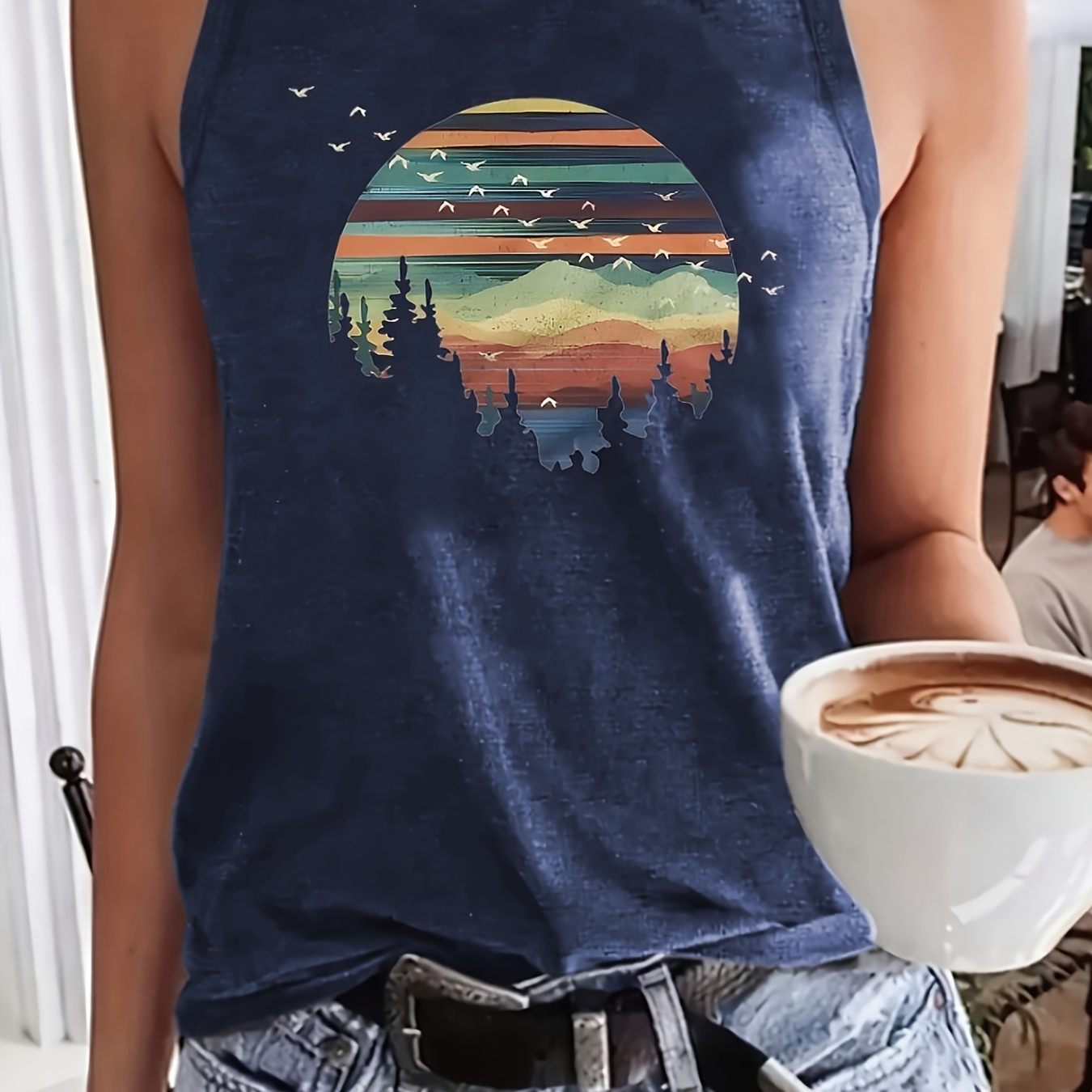 

Landscape Print Tank Top, Sleeveless Crew Neck Casual Top For Summer & Spring, Women's Clothing