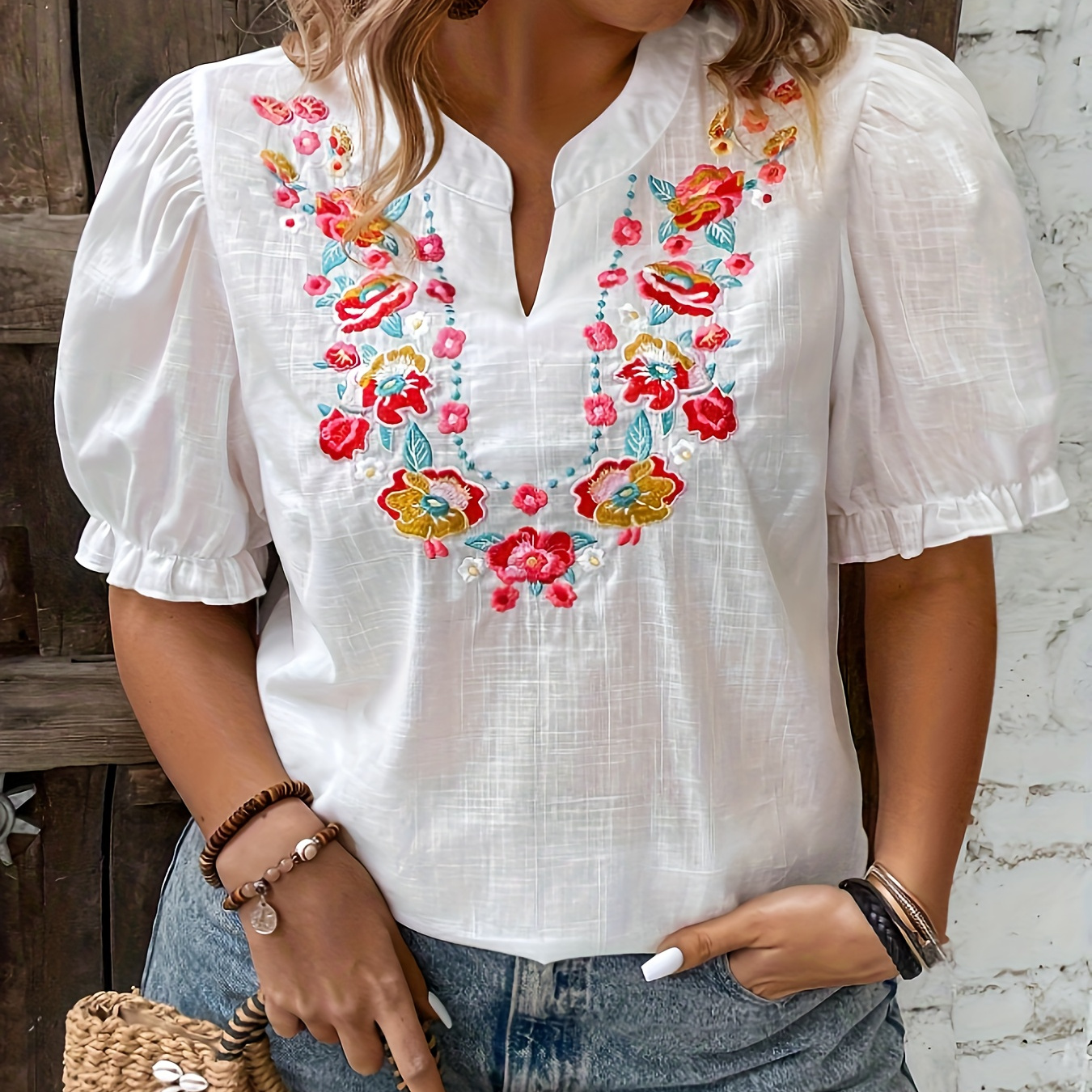 

Plus Size Floral Embroidery Blouse, Casual Collar Lantern Sleeve Blouse For Spring & Summer, Women's Plus Size Clothing