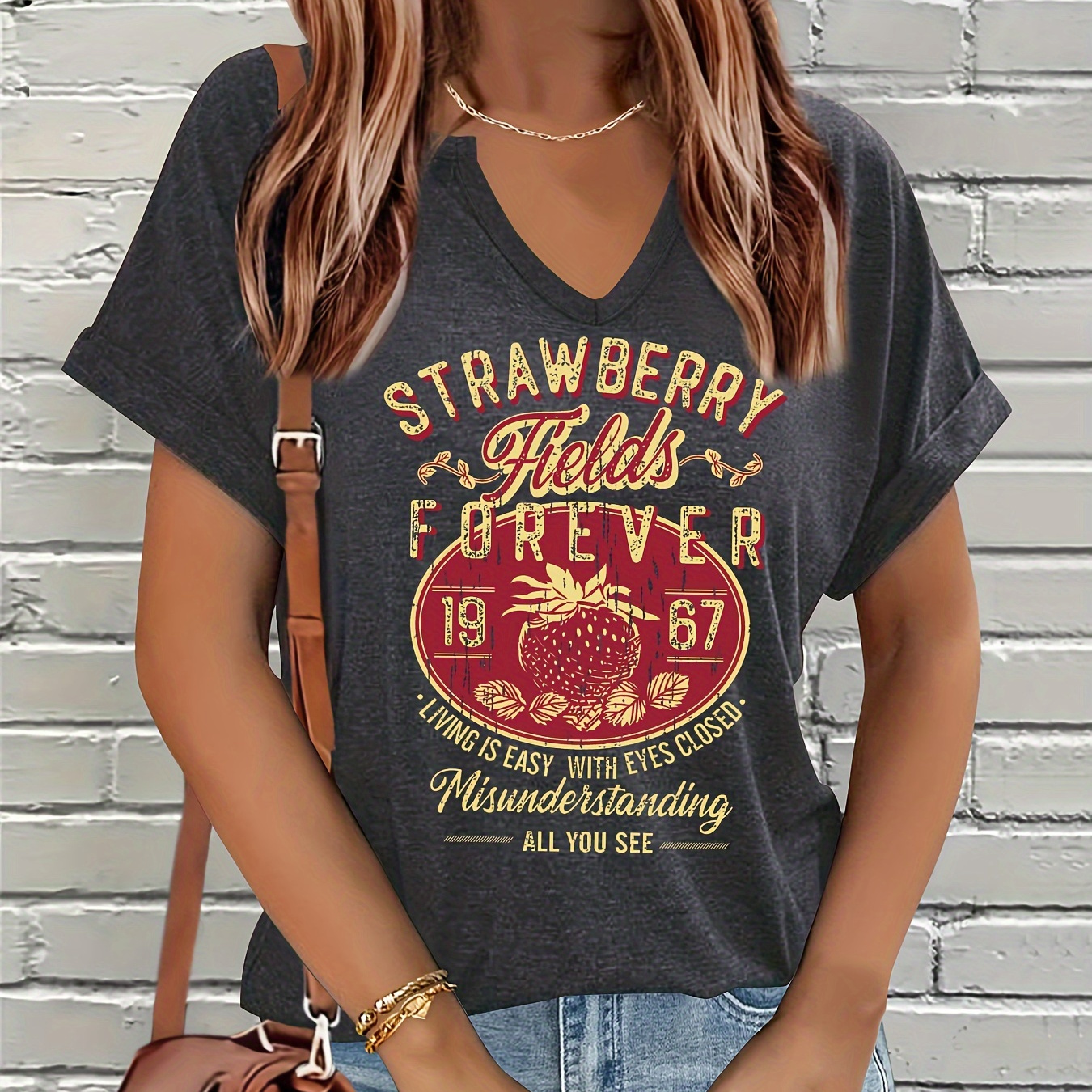 

Women's V-neck T-shirt In Dark Gray With Strawberry & Leaf Print, Fun Letter & - Casual Fit, Soft Polyester , Machine Washable - Spring/summer/fall