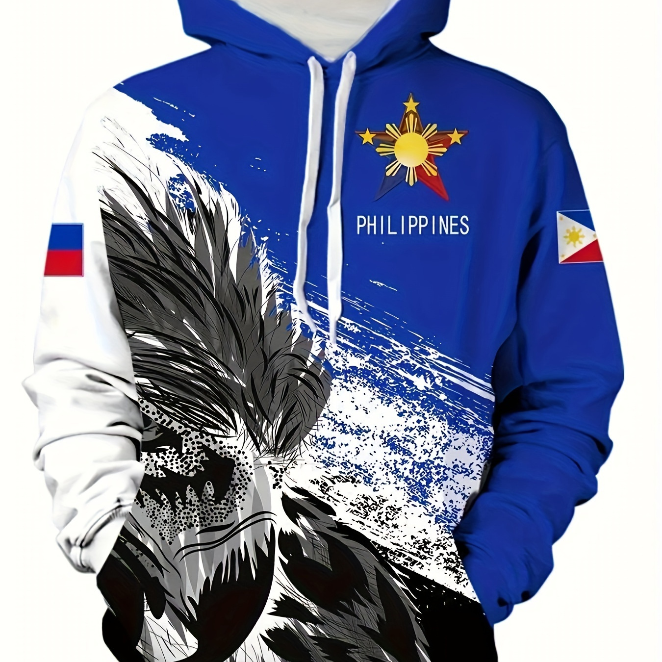 

Men's Philippines Star Graphic Hoodie - Casual Hooded Pullover With Front Pocket, Long Sleeve, 100% Polyester, Stretch, Animal Print, Knit Fabric, Digital Heat Transfer - Ideal For Spring/fall Season