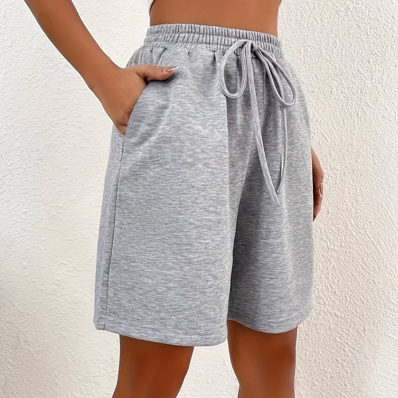 

Dual Pockets Elastic Waist Shorts, Casual Tie Front Solid Shorts For Spring & Summer, Women's Clothing