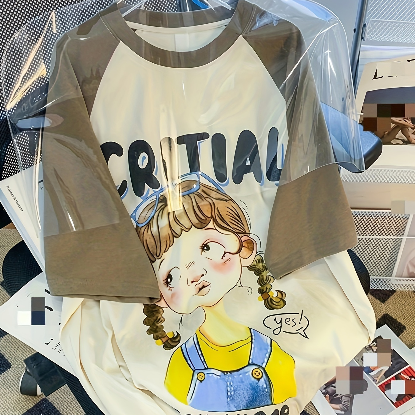 

Cute Girl Print Raglan Half Sleeve T-shirt, Chic Crew Neck Color Block Oversized Top, Women's Clothing
